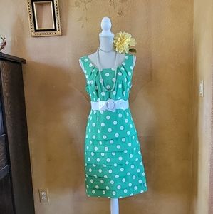 Roz & Ali Dress Green w/White Polka Dot Size 14
